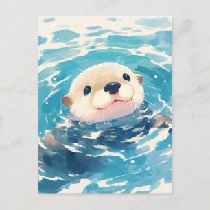 Cartão Postal Lutra Feliz de Aquarela Nadando