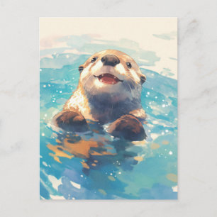 Cartão Postal Lutra Feliz de Aquarela Nadando