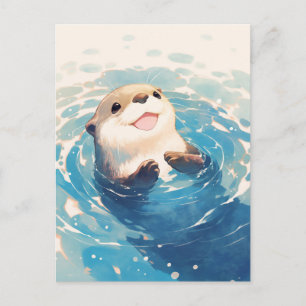 Cartão Postal Lutra Marinha Feliz em Aquarela Nadando