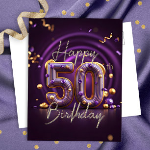 Cartão Postal Luxo Glam Roxo e Dourado 50º Aniversário
