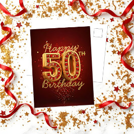 Cartão Postal Luxuoso Ouro e Joia Vermelha de 50 Anos de Nascime