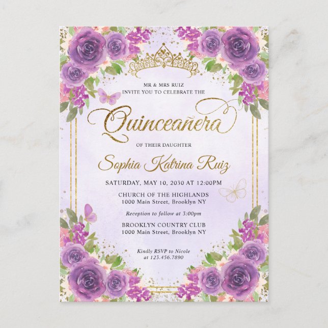 Cartão Postal Luz Floral Elegante Roxo Dourado Tiara Quinceañera (Frente)