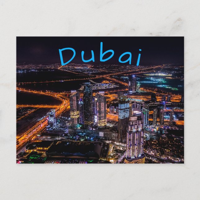 Cartão Postal Luzes da Cidade de Dubai à Noite (Frente)
