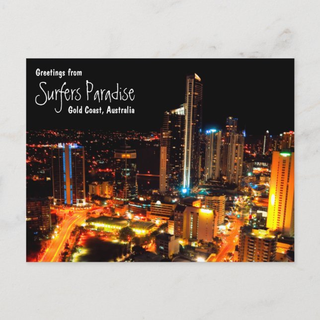 Cartão Postal Luzes da cidade de Gold Coast Austrália do paraíso (Frente)