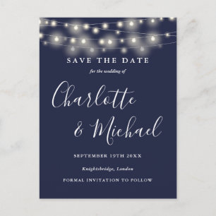 Cartão Postal Luzes de Corda Casamento Azul Marinho Save the Dat