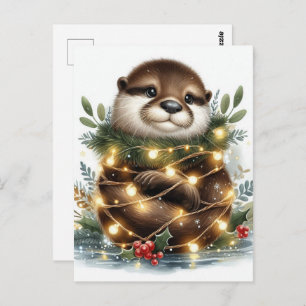 Cartão Postal Luzes de Natal com Lontra Aquarela