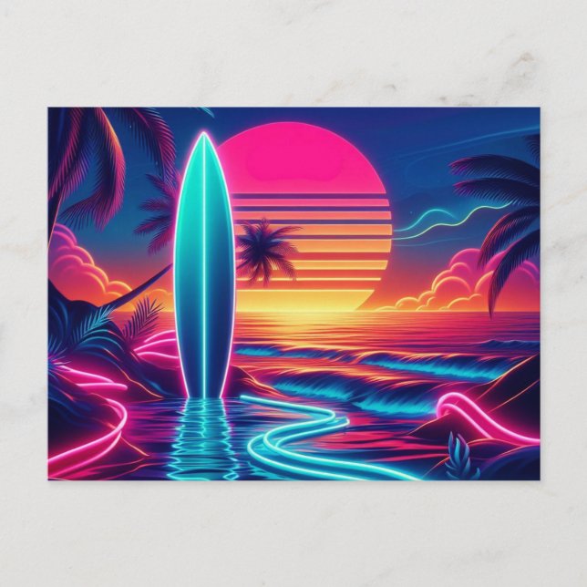 Cartão Postal Luzes de Neon do Surfboard Sunset (Frente)