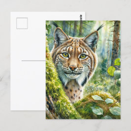 Cartão Postal Lynx em Lush Green Forest Watercolor