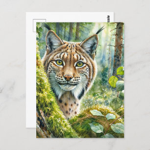 Cartão Postal Lynx em Lush Green Forest Watercolor