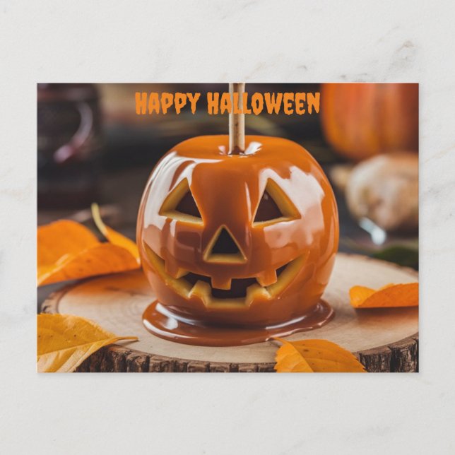 Cartão Postal maçã de carme gravada como jack ou lanterna hallow (Frente)