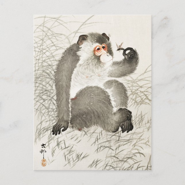 Cartão Postal Macaco com pintura de inseto por Ohara Koson (Frente)