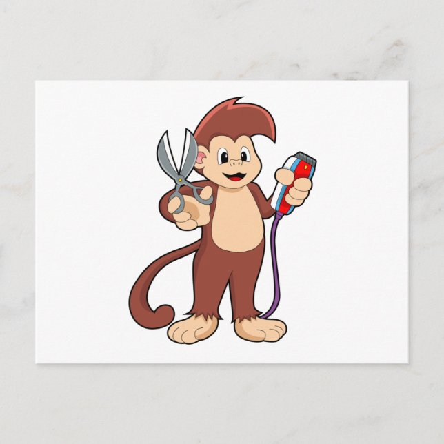 Cartão Postal Macaco como Cabelereiro com Tesoura e Navalha (Frente)