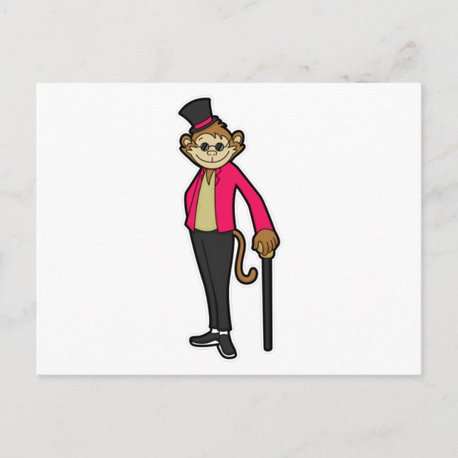 Cartão Postal Macaco como Cavalheiro com Chapéu e Bengala (Frente)