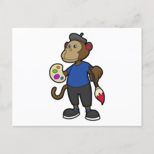 Cartão Postal Macaco como Pintor com Tinta e Pincel