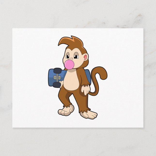 Cartão Postal Macaco como skatista com skate (Frente)