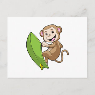 Cartão Postal Macaco como Surfista com Prancha de Surfe