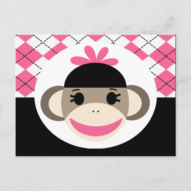 Cartão Postal Macaco de Meia de Menina Bonita Argyle Rosa e Pret (Frente)