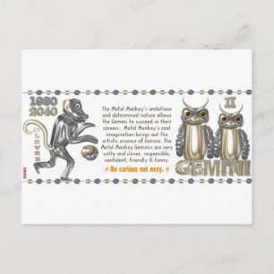 Cartão Postal Macaco de Metal zodíaco nascido Gémeos 1980