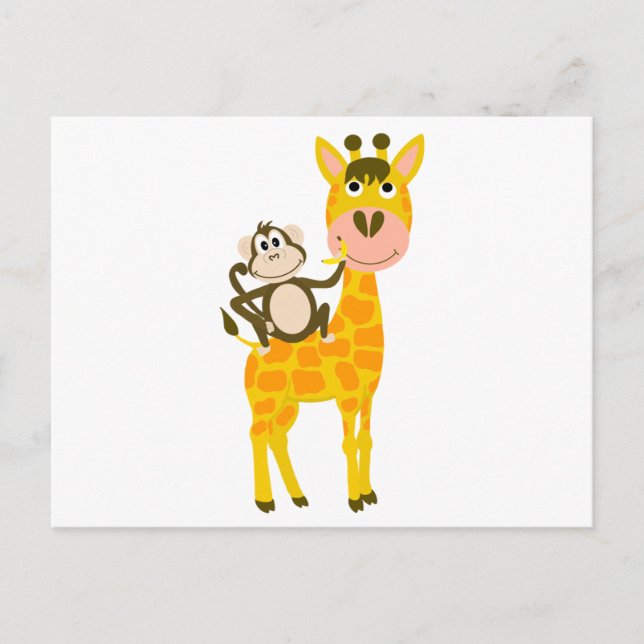 Cartão Postal Macaco Engraçado Dirigindo um Cartoon Giraffe (Frente)