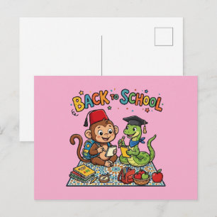 Cartão Postal Macaco Fofo e Cobra Voltando à Escola Cartoon