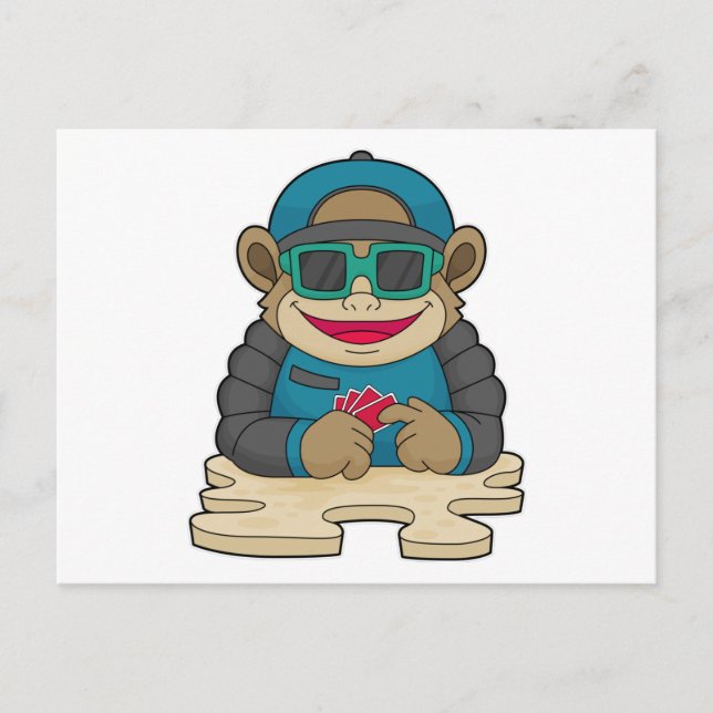 Cartão Postal Macaco jogando pôquer com cartas de pôquer e óculo (Frente)