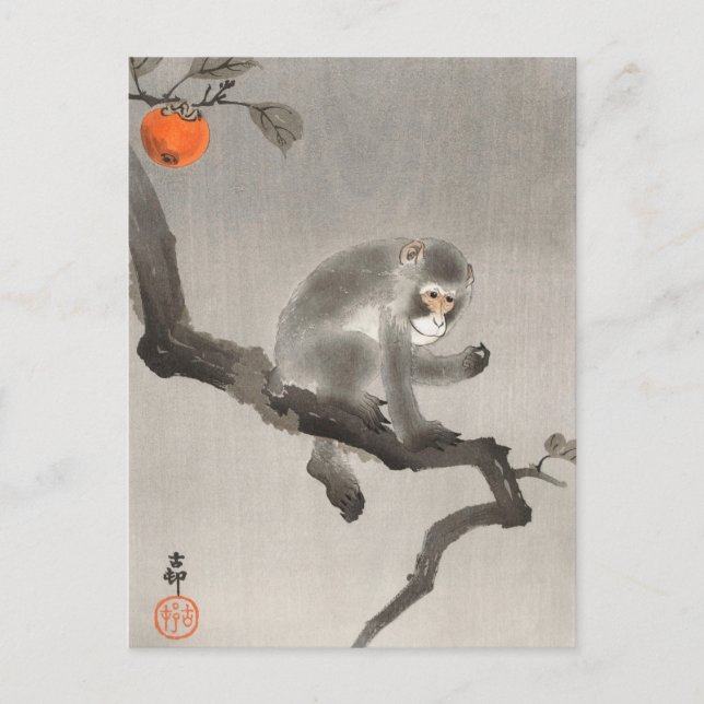 Cartão Postal Macaco na pintura de Cockatoo por Ohara Koson (Frente)