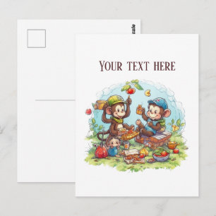 Cartão Postal Macacos divertidos de piquenique adicionam texto 