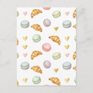 Cartão Postal Macarons e Croissants Pastéis Padrão Contínuo