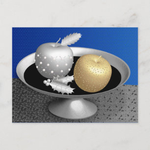 Cartão Postal Maçãs Douradas e prateadas num pedestal prateado