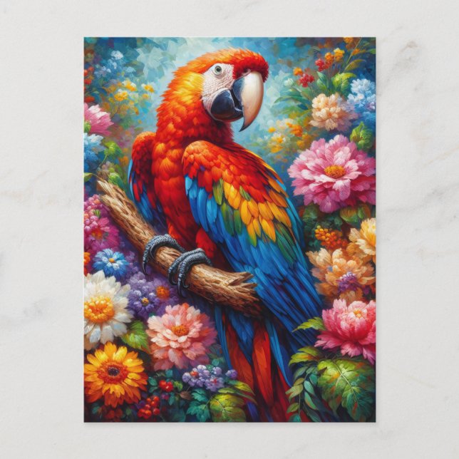 Cartão Postal Macaw com Flores Coloridas (Frente)