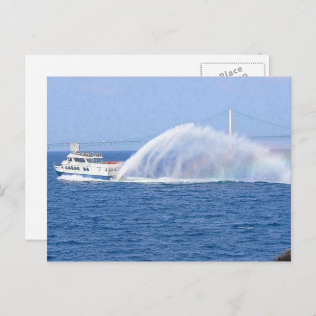 Cartão Postal Mackinac Island Ferry & Rainbow, Michigan, EUA (Frente/Verso)