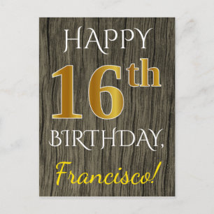 Cartão Postal Madeira Faux, Faux Dourado 16.o aniversário + nom