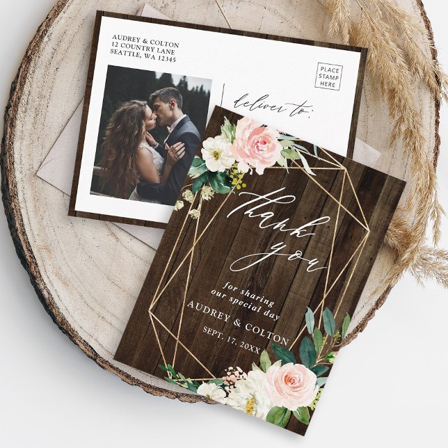 Cartão Postal Madeira Geométrica Floral Rústica Obrigado Foto (Front & Back)