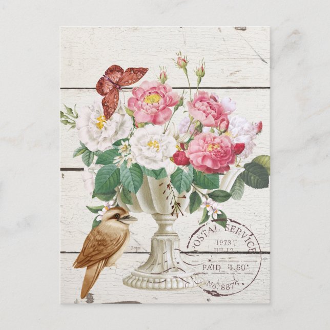 Cartão Postal Madeira rústica moderna com flores Obra de arte bo (Frente)