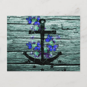 Cartão Postal Madeira Vintage e Anchor Preto com Borboletas Azui