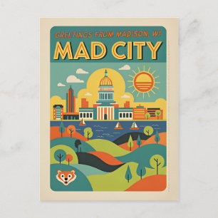 Cartão Postal Madison WI “Mad City” Arte Retrô