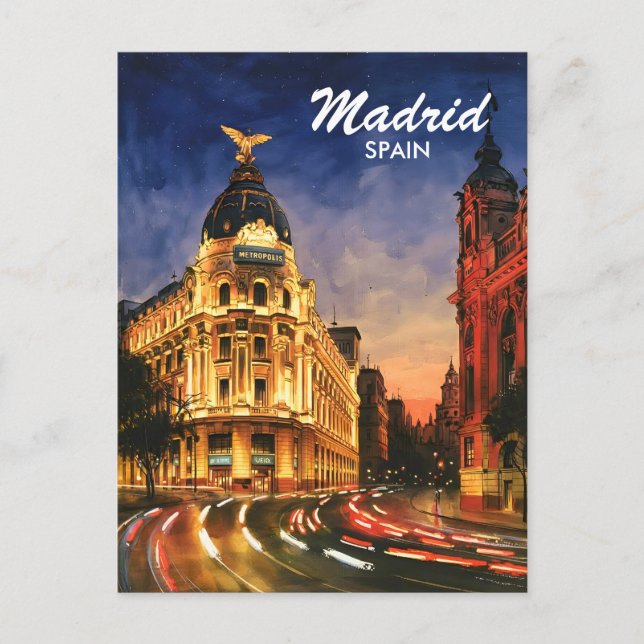 Cartão Postal Madrid Spain Gran Via Night Watercolor Cityscape (Frente)