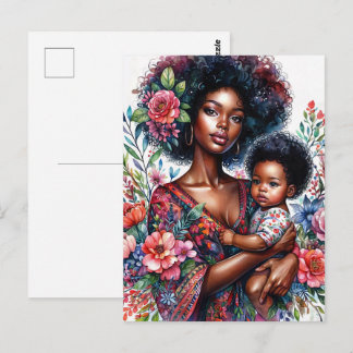 Cartão Postal Mãe Afro Negra e Bebê Floral Aquarela