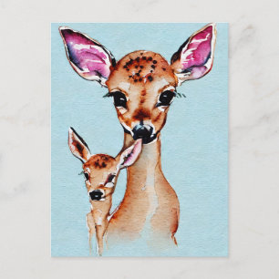 Cartão Postal Mãe E Bebê Deer Watercolor Família Love