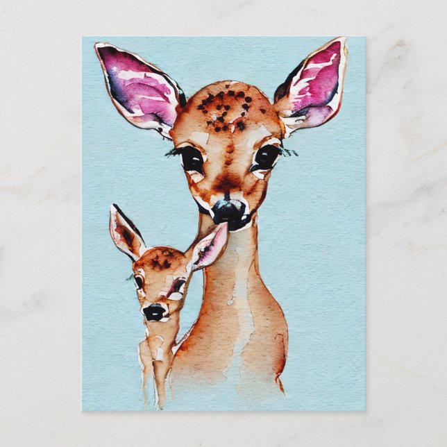 Cartão Postal Mãe E Bebê Deer Watercolor Família Love (Frente)