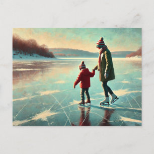 Cartão Postal Mãe e Criança Ice Patinando em um lago congelado