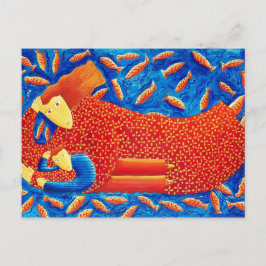 Cartão Postal Mãe e Filho com Peixe Dourado Pintura de Arte Mode