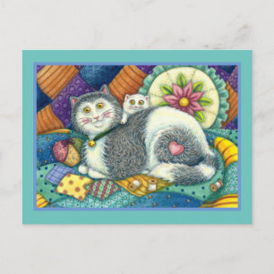 CARTÃO POSTAL MÃE GATO E COZINHO, TRABALHOS DE PATCHWORK, PINCU