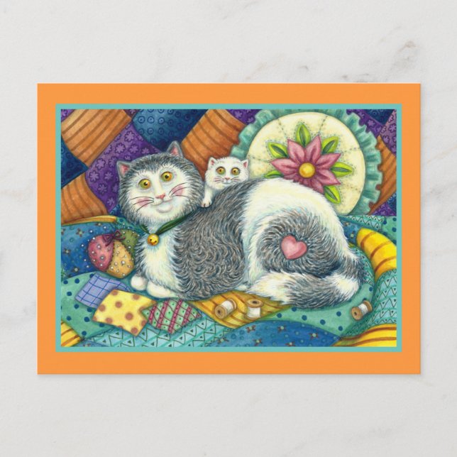 CARTÃO POSTAL MÃE GATO E COZINHO, TRABALHOS DE PATCHWORK, PINCUS (Frente)
