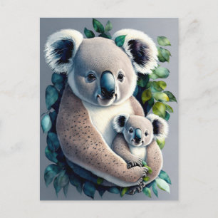 Cartão Postal Mãe Koala Bear e um bebê, aquarela