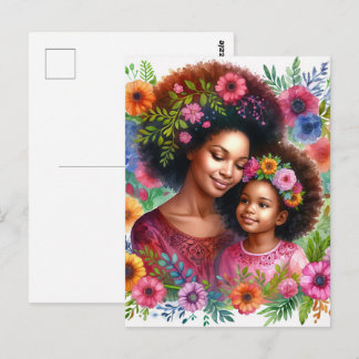 Cartão Postal Mãe Negra e Filha Aquarela Floral