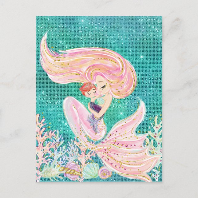 Cartão Postal Mãe Sereia com Bebê Brilho Mar (Frente)