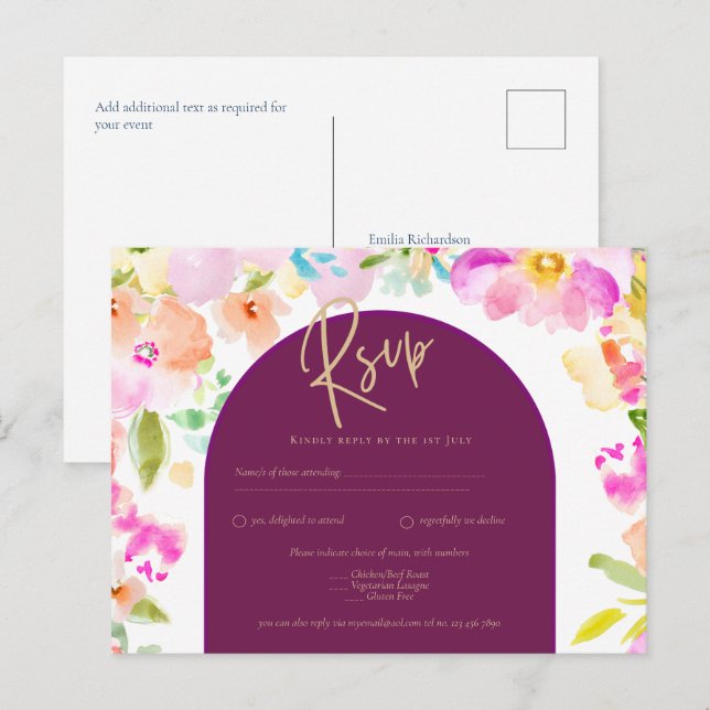Cartão Postal Magenta Floral Wedding (Frente/Verso)