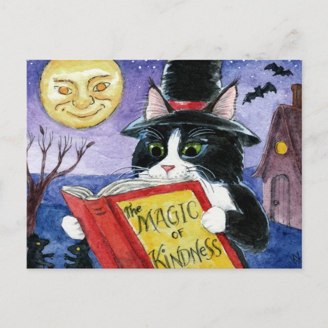Cartão Postal Magia da Bruxa de Arte do Halloween de Gato Bonito (Frente)