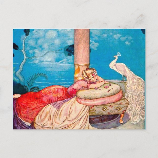 Cartão Postal Magia de Cria de Pavão Branco e Princesa (Frente)